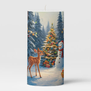 Christmas Tree Scene Cute Deer Fawn Snowman Pillar Candle