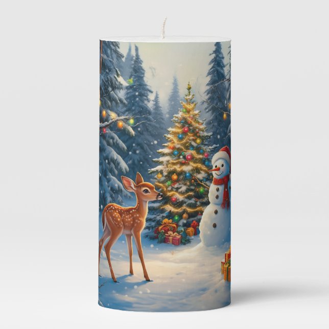 Christmas Tree Scene Cute Deer Fawn Snowman Pillar Candle (Front)
