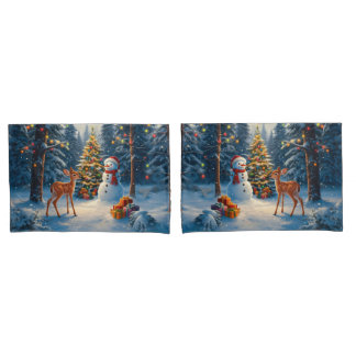 Christmas Tree Scene Cute Deer Fawn Snowman Pillow Case