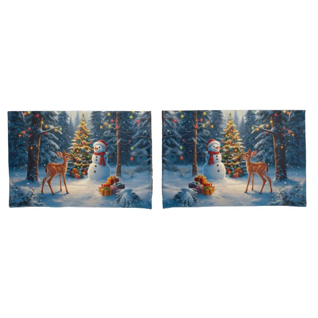 Christmas Tree Scene Cute Deer Fawn Snowman Pillow Case (Front-Set)