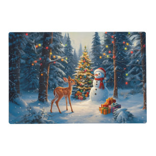 Christmas Tree Scene Cute Deer Fawn Snowman Placemat
