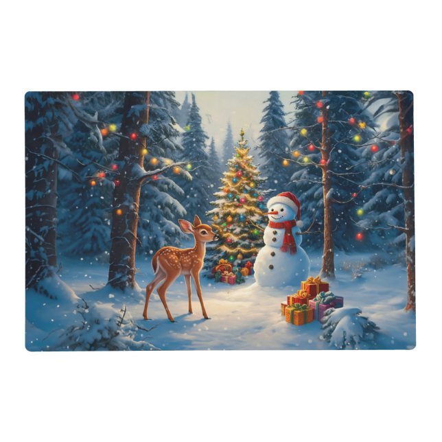 Christmas Tree Scene Cute Deer Fawn Snowman Placemat (Front)