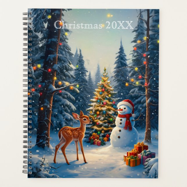 Christmas Tree Scene Cute Deer Fawn Snowman Planner (Front)