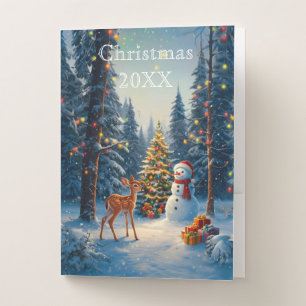 Christmas Tree Scene Cute Deer Fawn Snowman Pocket Folder