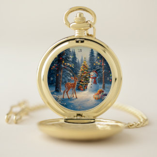 Christmas Tree Scene Cute Deer Fawn Snowman Pocket Watch