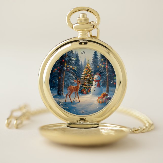 Christmas Tree Scene Cute Deer Fawn Snowman Pocket Watch (Inside)