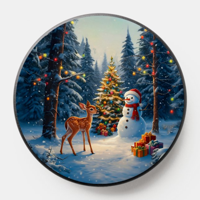 Christmas Tree Scene Cute Deer Fawn Snowman PopSocket (Popsocket)