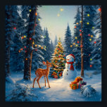 Christmas Tree Scene Cute Deer Fawn Snowman Poster<br><div class="desc">A winter wonderland scene with a cute fawn,  a happy snowman,  and a Christmas tree with colorful decorations and lights in a snowy forest.</div>