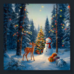 Christmas Tree Scene Cute Deer Fawn Snowman Poster<br><div class="desc">A winter wonderland scene with a cute fawn,  a happy snowman,  and a Christmas tree with colorful decorations and lights in a snowy forest.</div>