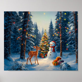 Christmas Tree Scene Cute Deer Fawn Snowman Poster