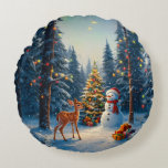 Christmas Tree Scene Cute Deer Fawn Snowman Round Pillow<br><div class="desc">A winter wonderland scene with a cute fawn,  a happy snowman,  and a Christmas tree with colorful decorations and lights in a snowy forest.</div>