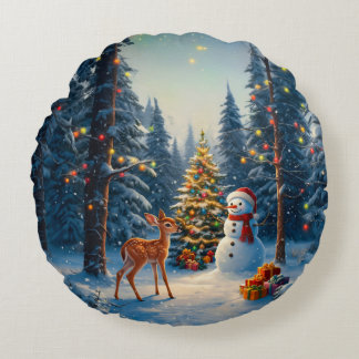 Christmas Tree Scene Cute Deer Fawn Snowman Round Pillow