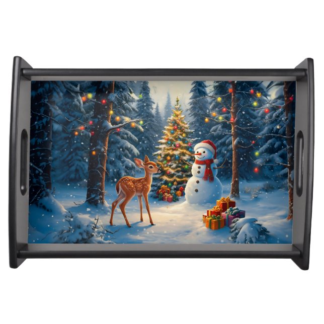 Christmas Tree Scene Cute Deer Fawn Snowman Serving Tray (Front)