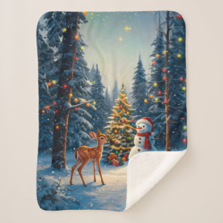Christmas Tree Scene Cute Deer Fawn Snowman Sherpa Blanket
