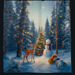 Christmas Tree Scene Cute Deer Fawn Snowman Shower Curtain<br><div class="desc">A winter wonderland scene with a cute fawn,  a happy snowman,  and a Christmas tree with colorful decorations and lights in a snowy forest.</div>
