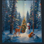 Christmas Tree Scene Cute Deer Fawn Snowman Shower Curtain<br><div class="desc">A winter wonderland scene with a cute fawn,  a happy snowman,  and a Christmas tree with colorful decorations and lights in a snowy forest.</div>