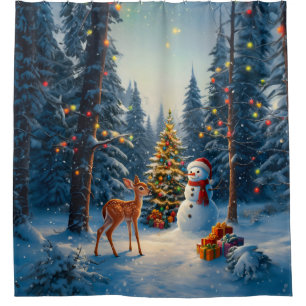 Christmas Tree Scene Cute Deer Fawn Snowman Shower Curtain