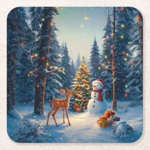 Christmas Tree Scene Cute Deer Fawn Snowman Square Paper Coaster