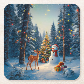 Christmas Tree Scene Cute Deer Fawn Snowman Square Paper Coaster