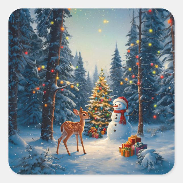 Christmas Tree Scene Cute Deer Fawn Snowman Square Sticker (Front)