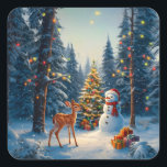 Christmas Tree Scene Cute Deer Fawn Snowman Square Sticker<br><div class="desc">A winter wonderland scene with a cute fawn,  a happy snowman,  and a Christmas tree with colorful decorations and lights in a snowy forest.</div>
