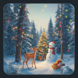 Christmas Tree Scene Cute Deer Fawn Snowman Square Sticker<br><div class="desc">A winter wonderland scene with a cute fawn,  a happy snowman,  and a Christmas tree with colorful decorations and lights in a snowy forest.</div>