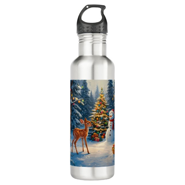 Christmas Tree Scene Cute Deer Fawn Snowman Stainless Steel Water Bottle (Front)