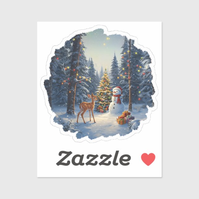 Christmas Tree Scene Cute Deer Fawn Snowman Sticker (Sheet)