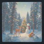 Christmas Tree Scene Cute Deer Fawn Snowman Stone Coaster<br><div class="desc">A winter wonderland scene with a cute fawn,  a happy snowman,  and a Christmas tree with colorful decorations and lights in a snowy forest.</div>