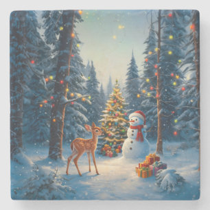 Christmas Tree Scene Cute Deer Fawn Snowman Stone Coaster