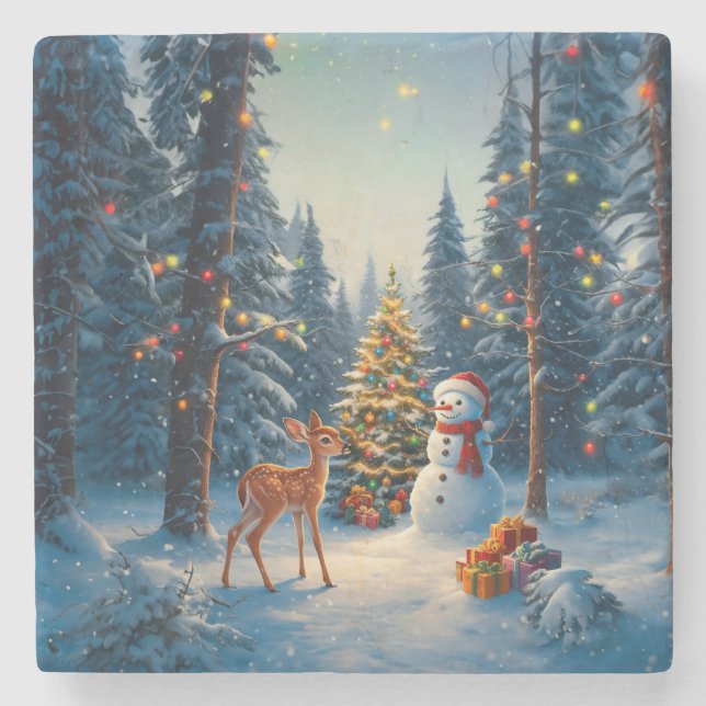 Christmas Tree Scene Cute Deer Fawn Snowman Stone Coaster (Front)