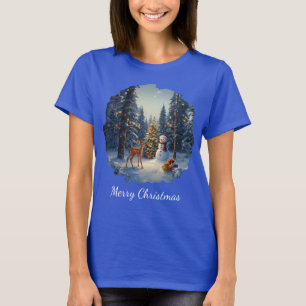 Christmas Tree Scene Cute Deer Fawn Snowman T-Shirt