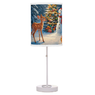 Christmas Tree Scene Cute Deer Fawn Snowman Table Lamp