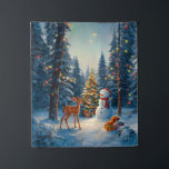 Christmas Tree Scene Cute Deer Fawn Snowman Tapestry<br><div class="desc">A winter wonderland scene with a cute fawn,  a happy snowman,  and a Christmas tree with colorful decorations and lights in a snowy forest.</div>