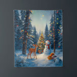 Christmas Tree Scene Cute Deer Fawn Snowman Tapestry<br><div class="desc">A winter wonderland scene with a cute fawn,  a happy snowman,  and a Christmas tree with colorful decorations and lights in a snowy forest.</div>