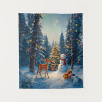 Christmas Tree Scene Cute Deer Fawn Snowman
