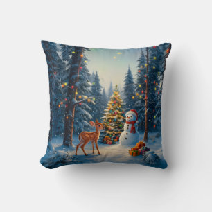Christmas Tree Scene Cute Deer Fawn Snowman Throw Pillow