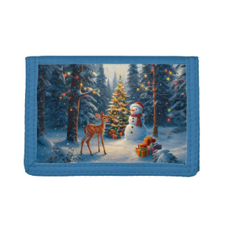 Christmas Tree Scene Cute Deer Fawn Snowman Trifold Wallet