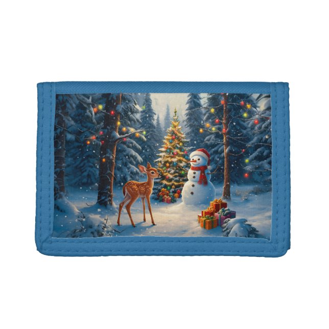 Christmas Tree Scene Cute Deer Fawn Snowman Trifold Wallet (Front)