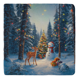 Christmas Tree Scene Cute Deer Fawn Snowman Trivet
