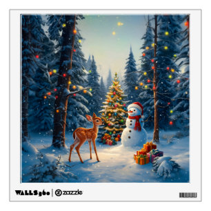 Christmas Tree Scene Cute Deer Fawn Snowman Wall Decal