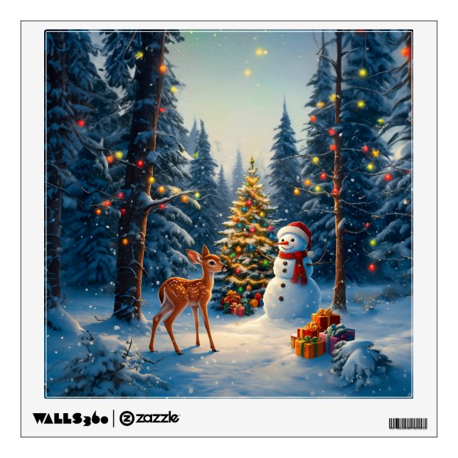 Christmas Tree Scene Cute Deer Fawn Snowman Wall Decal (Front)