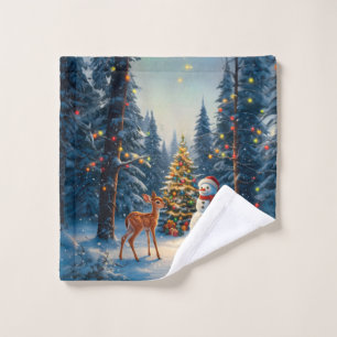 Christmas Tree Scene Cute Deer Fawn Snowman Wash Cloth