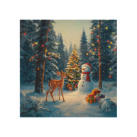Christmas Tree Scene Cute Deer Fawn Snowman