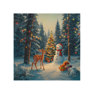 Christmas Tree Scene Cute Deer Fawn Snowman Wood Wall Art