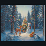 Christmas Tree Scene Cute Deer Fawn Snowman Wrapping Paper<br><div class="desc">A winter wonderland scene with a cute fawn,  a happy snowman,  and a Christmas tree with colorful decorations and lights in a snowy forest.</div>