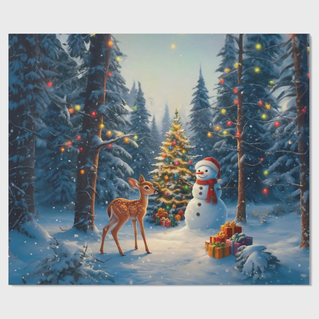 Christmas Tree Scene Cute Deer Fawn Snowman Wrapping Paper (Flat)