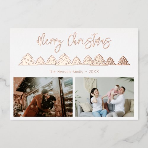 Christmas Tree Script Family 2 Photo Rose Gold Foil Holiday Card