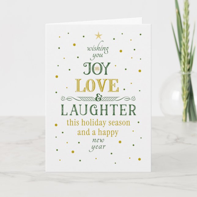 Christmas Tree Shaped Typography Green and Gold Holiday Card (Front)