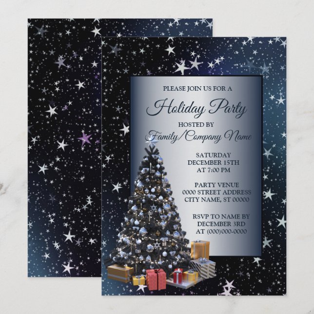 Christmas Tree Shiny Stars Navy Blue Holidays Invitation (Front/Back)